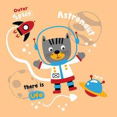 Cartoon cat astronaut floating in outer space with UFO and rocket. Space exploration concept
