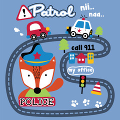 Cartoon fox police officer on patrol with cars and road signs. Law enforcement concept
