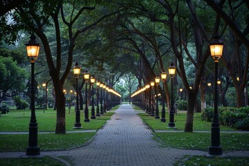 Obraz premium A long path lined with lit lamp posts and lush trees. AI generative. .