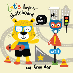 Cartoon leopard with skateboard and owl near traffic signs. Urban activity concept
