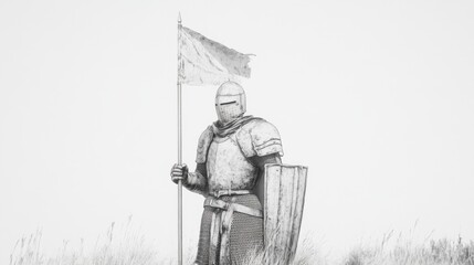 Obraz premium Medieval knight in full armor holding a flag and shield in a field.