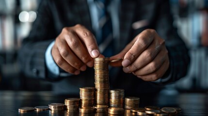 Close-up of hands stacking gold coins.  AI generative. .