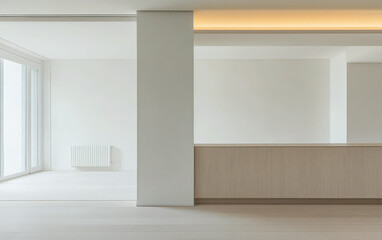 Fototapeta premium Modern minimalist interior design in a bright spacious room with wooden accents