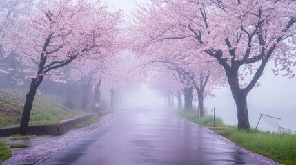 Misty spring day with double cherry blossoms blooming under a light rain shower.