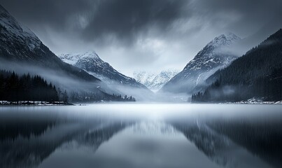 Obraz premium Misty mountain lake reflection at dawn with snowy peaks and pine trees