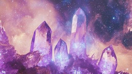 Obraz premium Vibrant purple crystals shine under a cosmic sky filled with stars and an ethereal glow