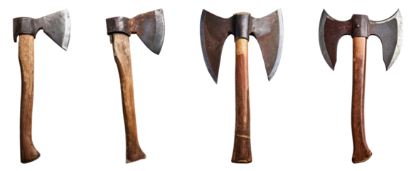 Rusty double-blade axe with wooden handle isolated on a transparent background