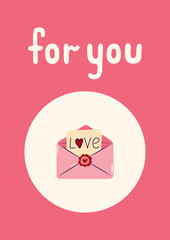 Valentine's Day Card with Envelope and Note and inscription for you. Simple cute greeting card. Vector illustration.