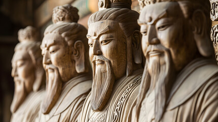 Intricate Wooden Statues of Ancient Asian Philosophers in a Historic Setting : Generative AI