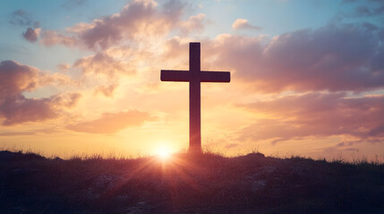 Peaceful Cross Silhouette at Sunset with Vibrant Sky and Sun Beams Symbolizing Hope and Faith : Generative AI