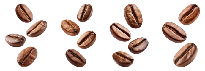 Falling coffee beans isolated on transparent background, PNG set