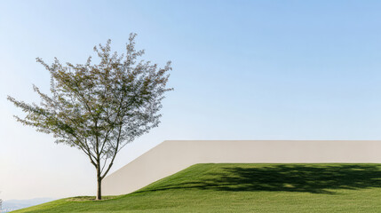 Fototapeta premium Elegant tree on a grassy hill under blue sky with minimalistic design