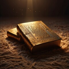 Fototapeta premium A glowing golden Quran open on a prayer mat, surrounded by ethereal light rays, UHD, soft cinematic tones.
