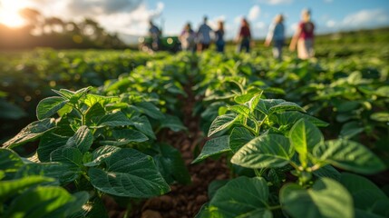 Close-up shot of lush green leaves in a field with blurred people in the background. AI generative. .