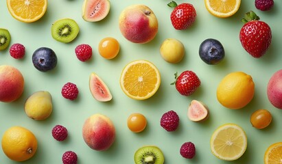 Fresh Colorful Assorted Fruits and Berries Pattern on Pastel Green Background