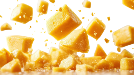 Golden cubes of cheese cascading through the air against a bright white backdrop at midday