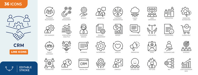 Customer Relationship Management Icon set. CRM icon set. Containing marketing, data, report, strategy, audience, manager, and more. Outline Icon Collection. Vector illustration. Editable stroke	