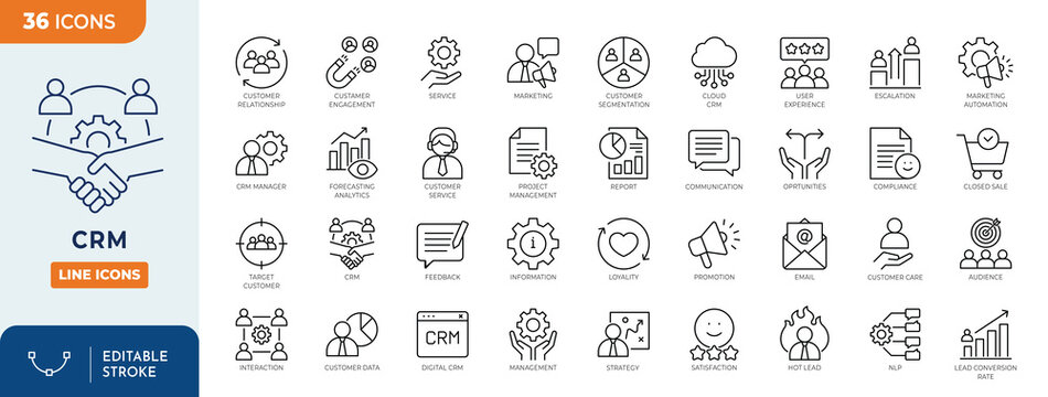 Customer Relationship Management Icon set. CRM icon set. Containing marketing, data, report, strategy, audience, manager, and more. Outline Icon Collection. Vector illustration. Editable stroke	