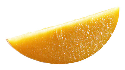 Rich, creamy wedge of aged cheese displaying vibrant color and texture on a white background
