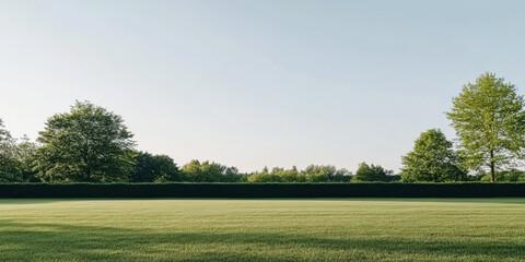 Open green space with trees and clear sky during midday in a peaceful rural setting