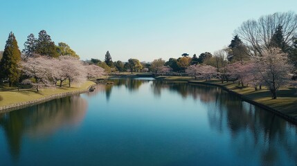 Fototapeta premium Picturesque view of cherry blossom trees in full bloom at Hirosaki Park, spring beauty.