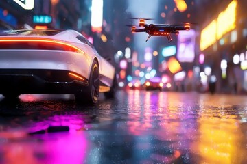 Futuristic Urban Scene with Drone Flying Over Wet Streets and Luxury Car in Neon City Lights at Night