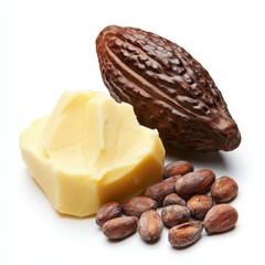 Cacao bean, butter, and pod showcasing the origins of chocolate on a clean background