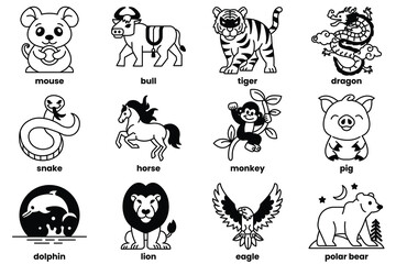 Set of illustrations in the concept of animals and zodiacs in line art style