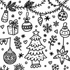 Hand-drawn Christmas doodles, decorations, and tree.