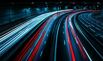 Night highway traffic light trails curve speed urban transport