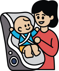 A cartoon of a woman holding a baby in a car seat