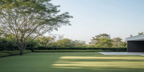Modern landscape with manicured lawn and minimalist architecture during daytime