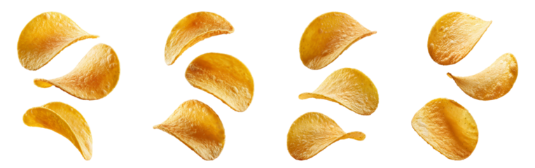 Potato chips falling in a transparent background, PNG set