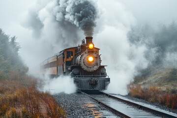 A powerful train rushes down the tracks, releasing puffs of steam as it cuts through a foggy morning. Lush greenery surrounds the railway in this captivating moment