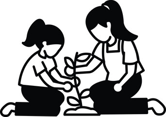 Two women are planting a tree together