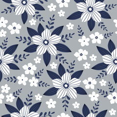 Obraz premium Seamless pattern with white flowers on grey background. Hand drawn floral pattern for your fabric, summer background, wallpaper, backdrop, textile. Vector illustration