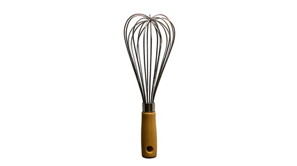 A beautifully crafted whisk with a wooden handle designed for blending ingredients in the kitchen