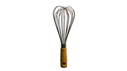 A beautifully crafted whisk with a wooden handle designed for blending ingredients in the kitchen