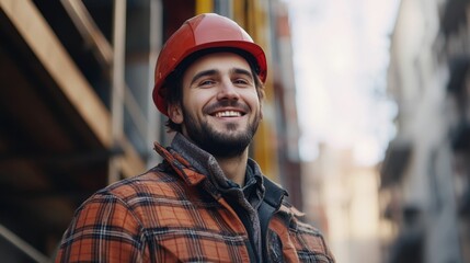 portrait confident caucasian builder 25-30 years old in uniform and construction helmet against the background of high-rise buildings under construction
