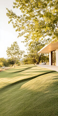 Sunlight filters through trees over a smooth green lawn beside a modern building in the afternoon