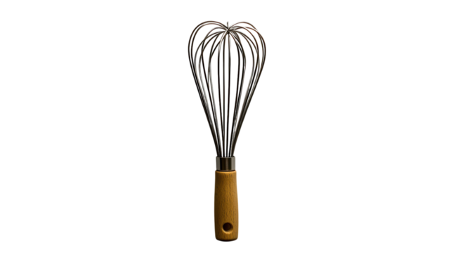 A beautifully crafted whisk with a wooden handle designed for blending ingredients in the kitchen