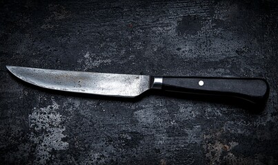 Old rusty steak knife on dark grunge background, for cooking or crime scene