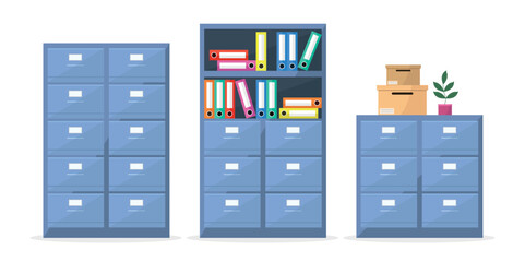 Set of office cabinet icons with files and folders on white background.