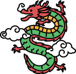 A cartoonish drawing of a dragon with a green tail and red and yellow stripes