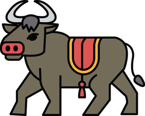 A cartoon cow with a red and yellow saddle on its back