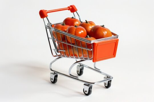 A shiny shopping cart filled with vibrant oranges stands ready for a bustling market day of fresh produce isolated on transparent background