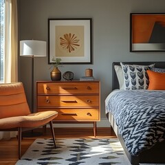A mid-century modern bedroom with a sleek dresser and a vintage armchair.