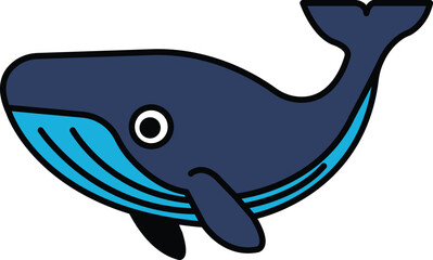 A cartoon whale with a blue tail and a blue fin