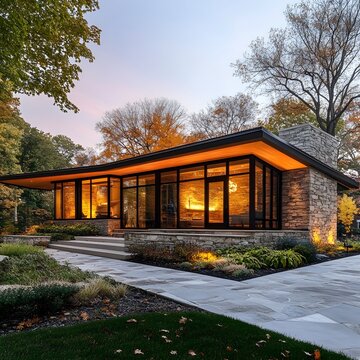 A mid-century modern home with a flat roof, geometric design elements, and a stone-covered facade.