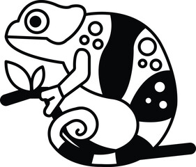 A black and white drawing of a chameleon